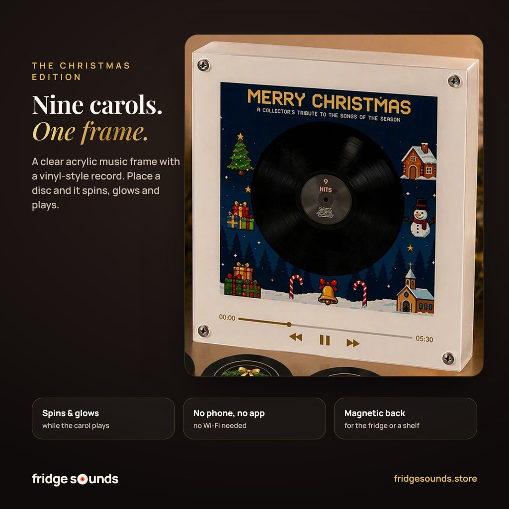 Close-up of the Christmas music frame: clear acrylic with a vinyl-style record and a Merry Christmas print