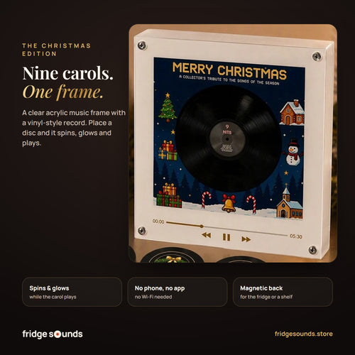 Close-up of the Christmas music frame: clear acrylic with a vinyl-style record and a Merry Christmas print