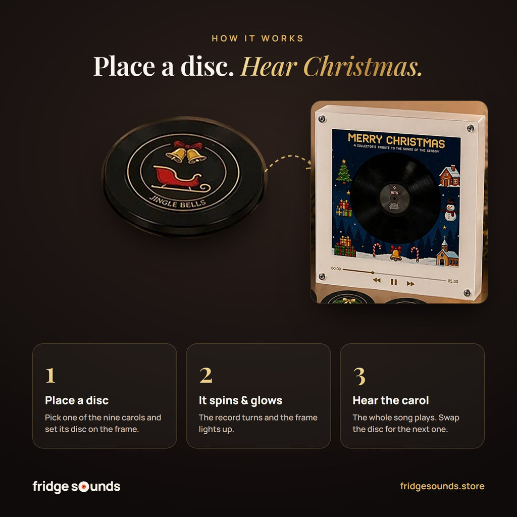 How it works: place a disc on the Christmas music frame, it spins and glows, and the carol plays