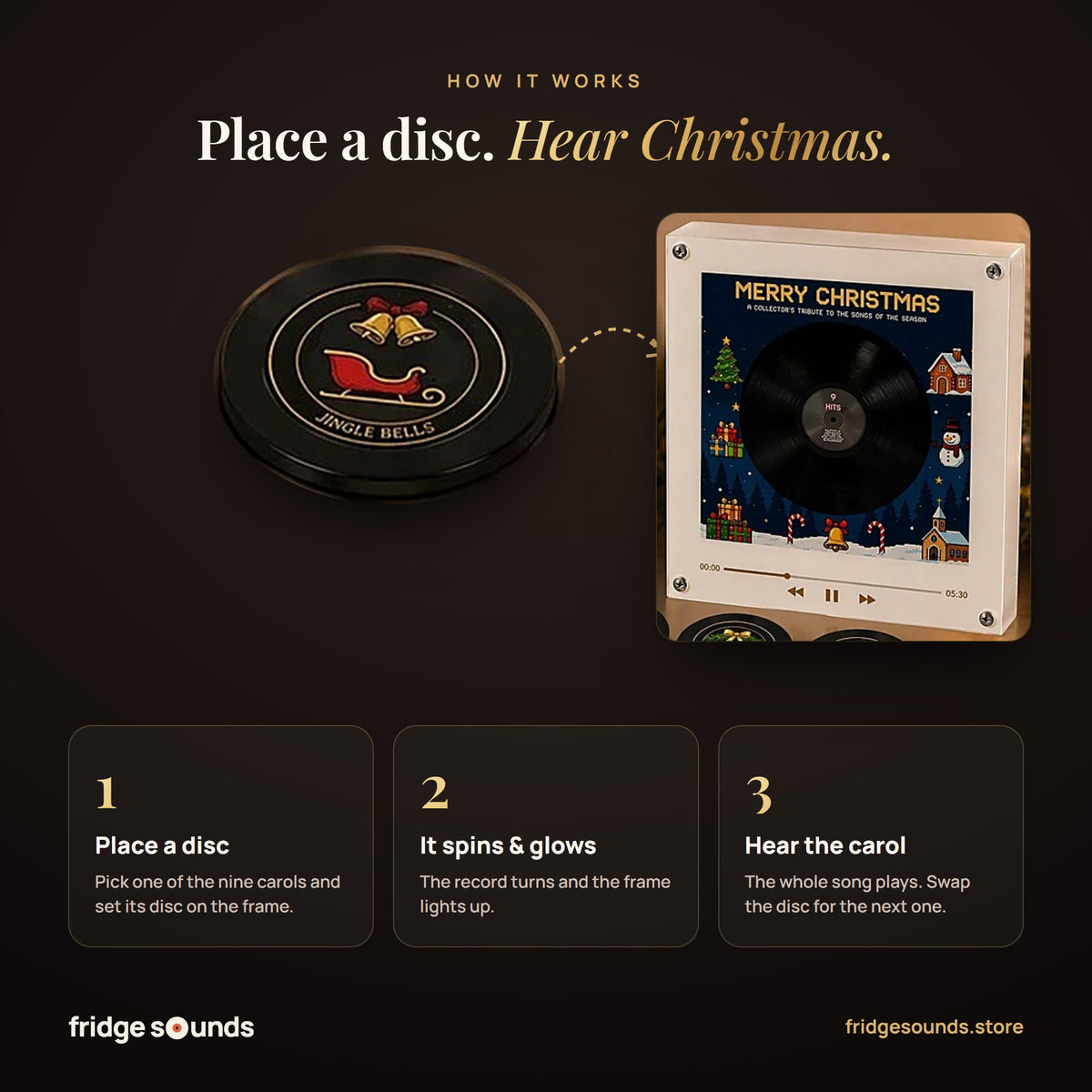 How it works: place a disc on the Christmas music frame, it spins and glows, and the carol plays