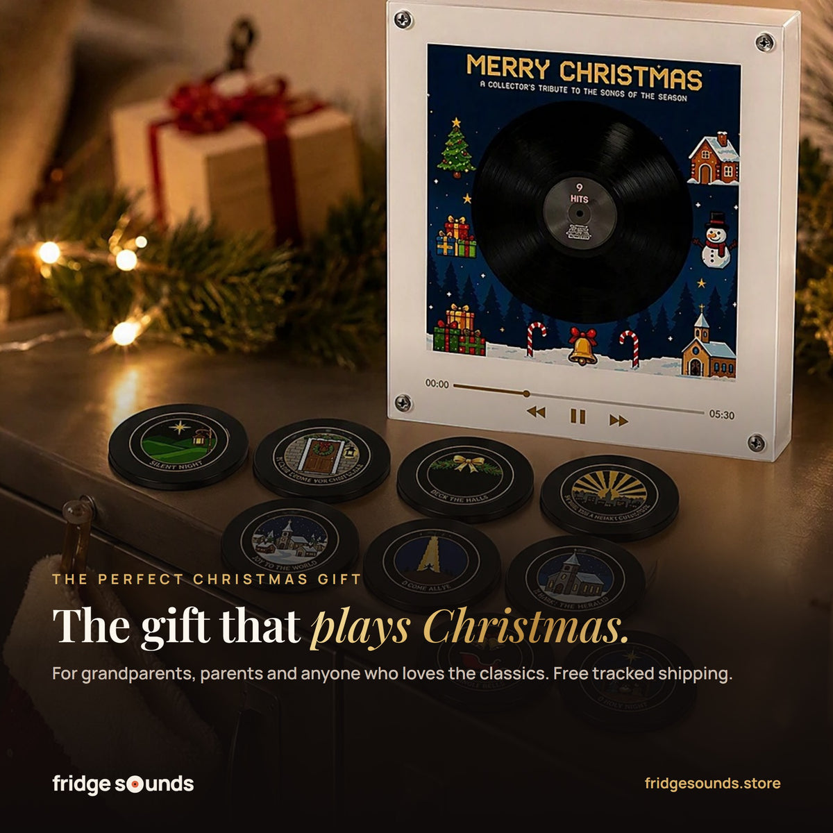 The Christmas music frame as a gift, with wrapped presents, pine branches and fairy lights