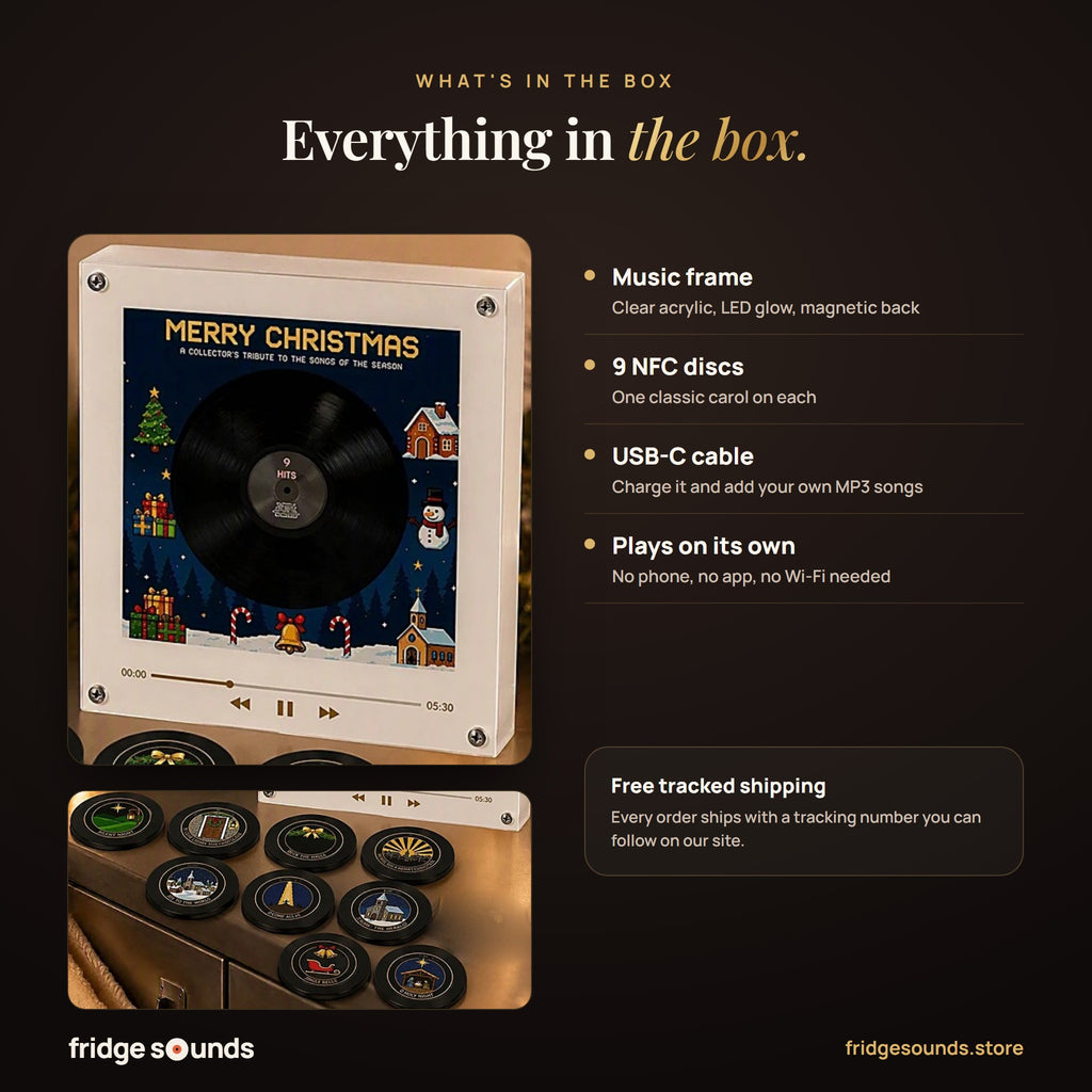 What's in the box: the Christmas music frame, 9 NFC vinyl-style discs and a USB-C cable