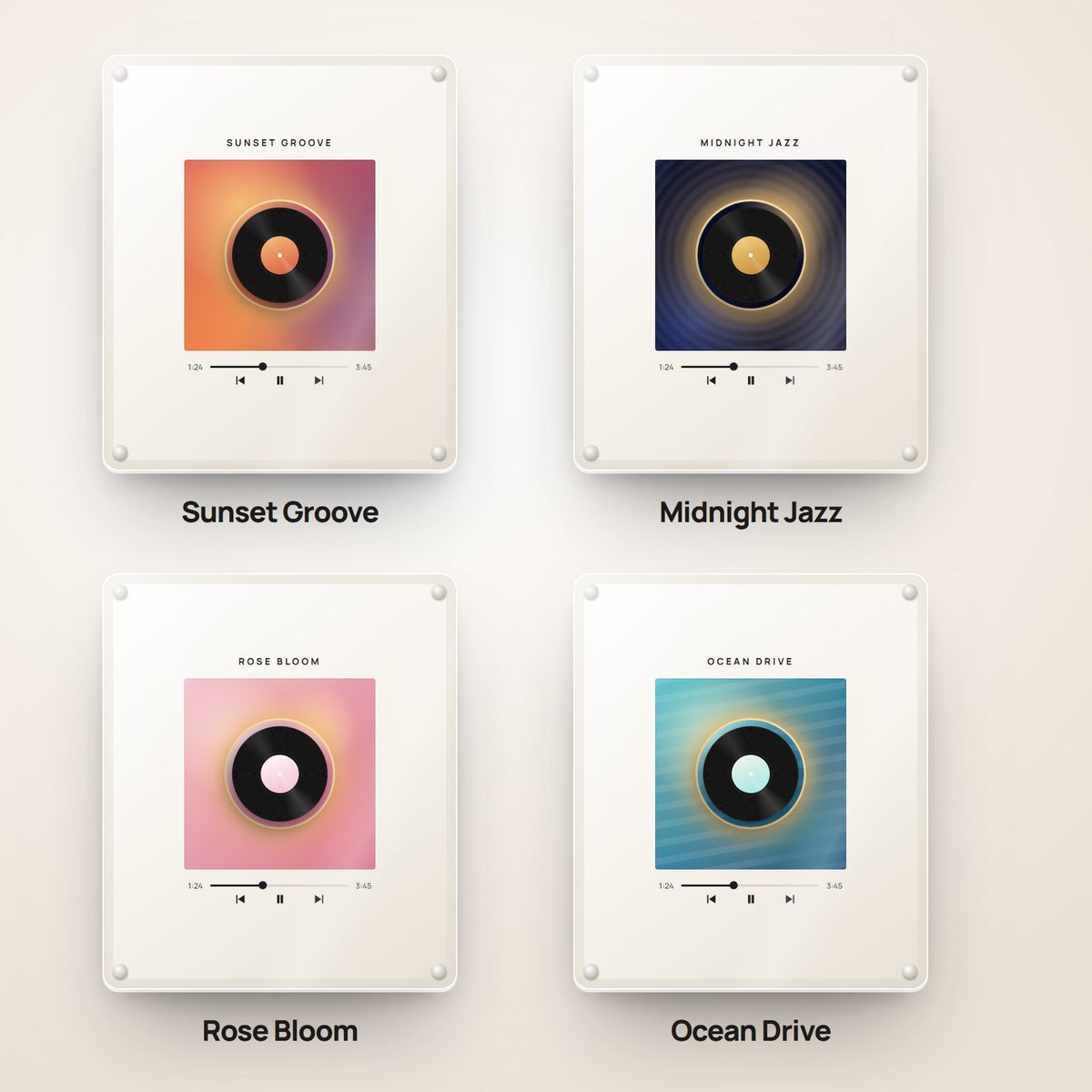 The four ready designs: Sunset Groove, Midnight Jazz, Rose Bloom and Ocean Drive