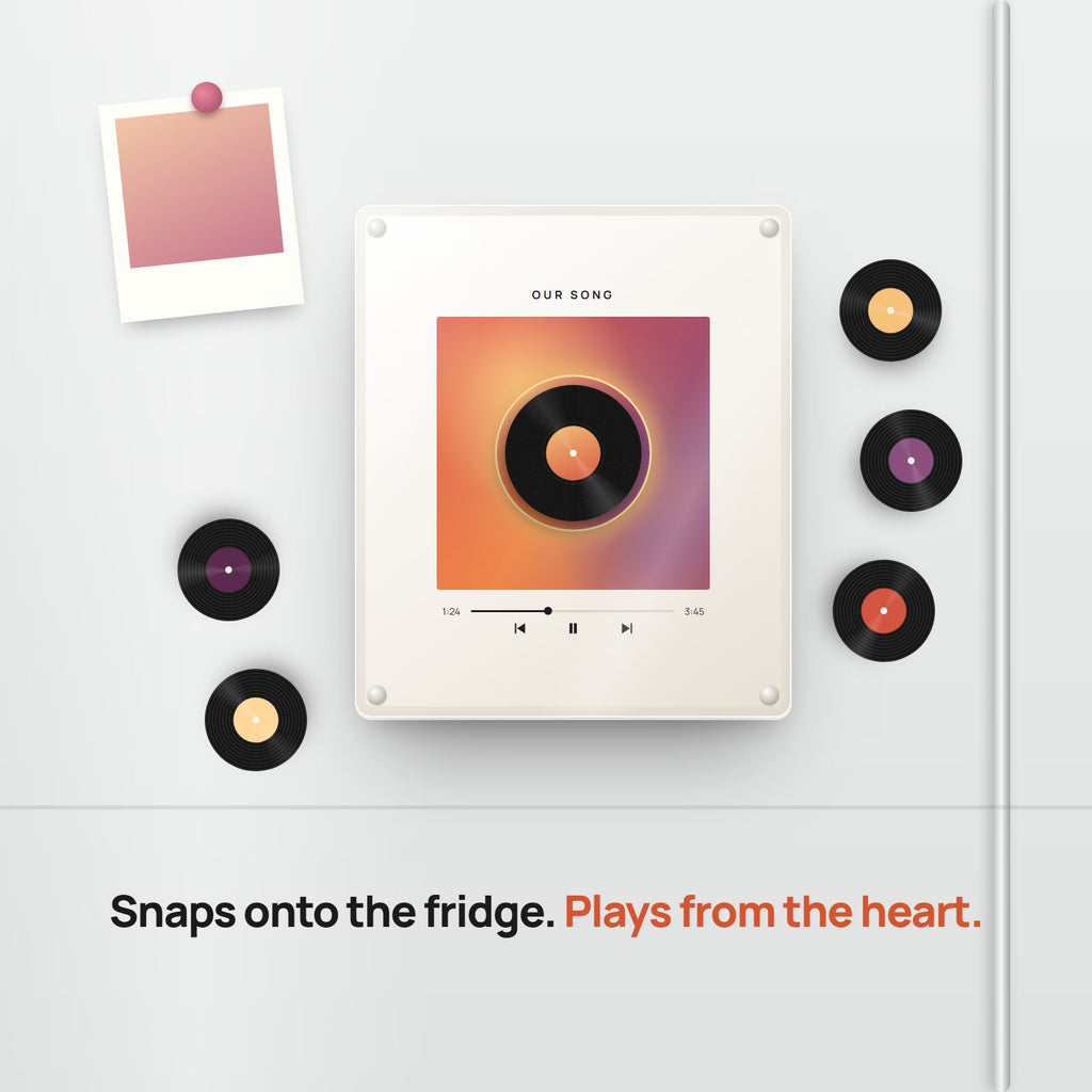 Music frame snapped onto a fridge door with vinyl disc magnets