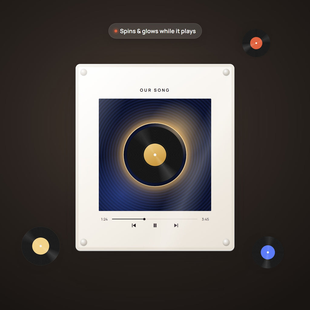 The music frame glowing while a vinyl disc spins and plays