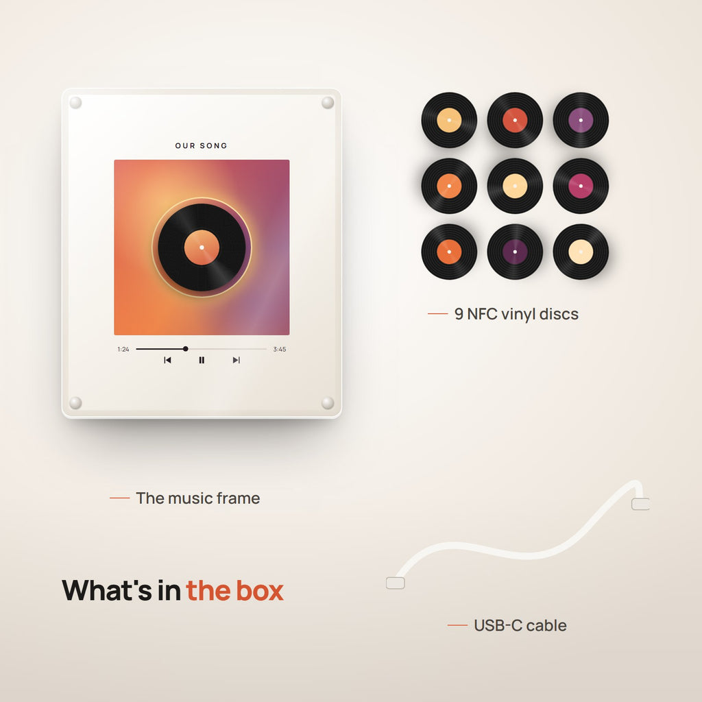 What's in the box: music frame, 9 NFC vinyl discs and USB-C cable
