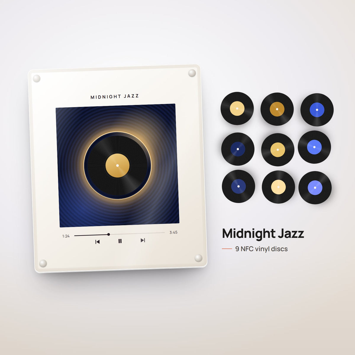 Midnight Jazz music frame with 9 NFC vinyl discs