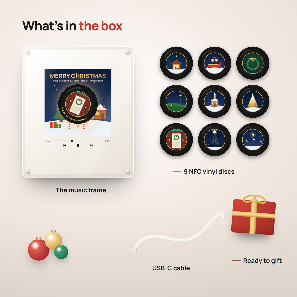What's in the box: the music frame, 9 NFC vinyl discs and a USB-C cable