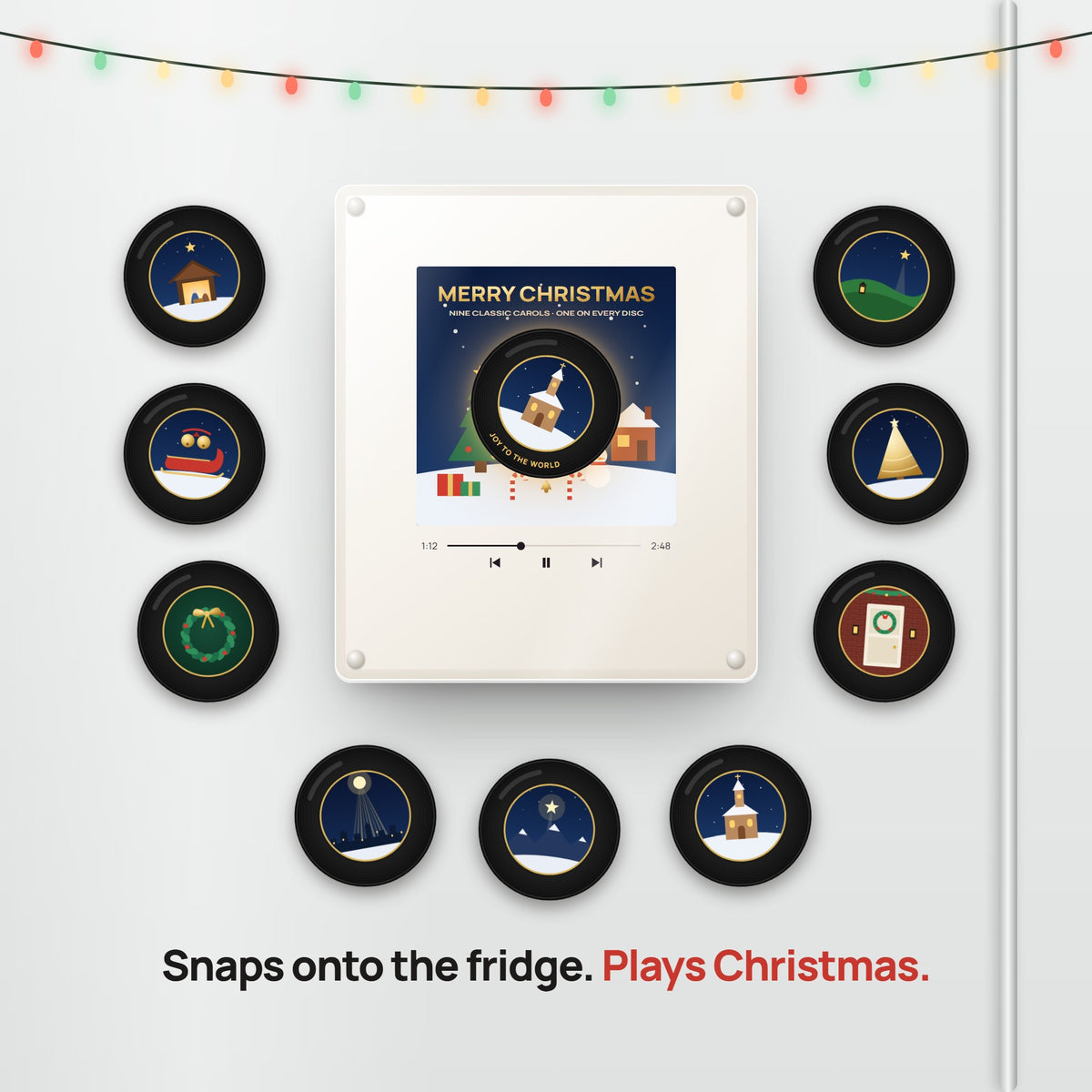 The Christmas music frame on a fridge door with its vinyl disc magnets