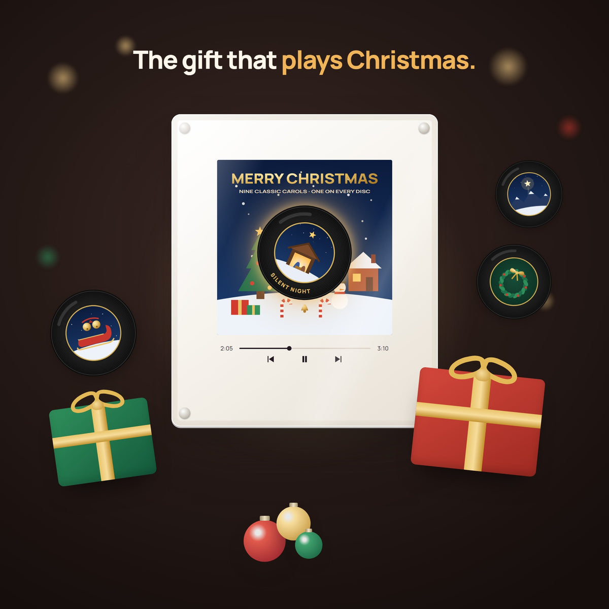 The Christmas music frame as a gift, with wrapped presents