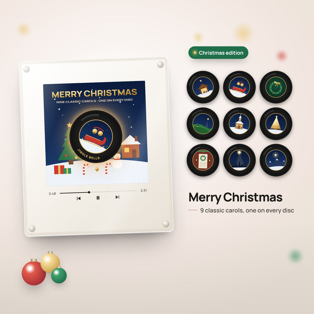 Merry Christmas music frame with 9 illustrated NFC vinyl discs, one classic carol on each