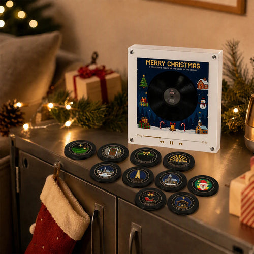 The Christmas music frame on a sideboard with its nine carol discs